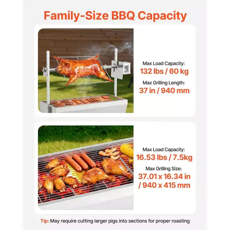 VEVOR Rotisserie Grill, 38W BBQ Outdoor Pig & Lamb Spit Roaster, Charcoal Spit Roaster with 132 LBS Capacity, Wheels & 7-Level Height, Silver