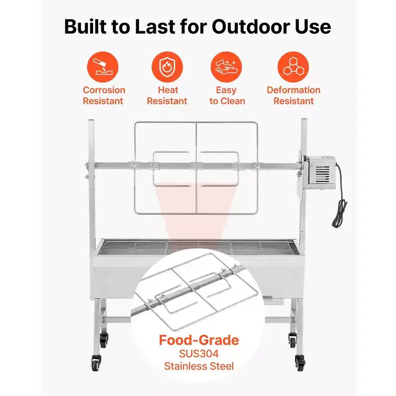 VEVOR Rotisserie Grill, 38W BBQ Outdoor Pig & Lamb Spit Roaster, Charcoal Spit Roaster with 132 LBS Capacity, Wheels & 7-Level Height, Silver