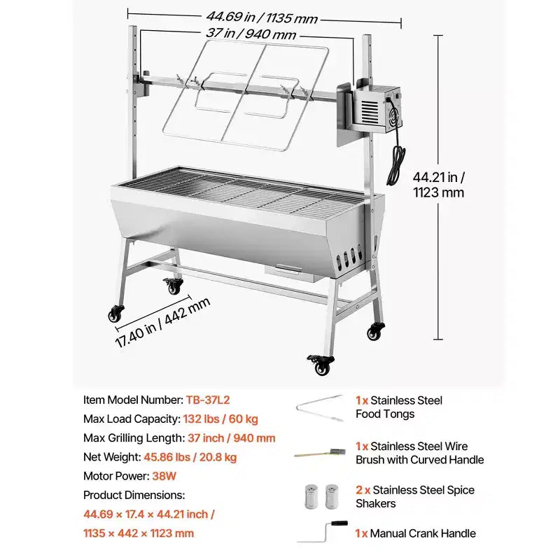 VEVOR Rotisserie Grill, 38W BBQ Outdoor Pig & Lamb Spit Roaster, Charcoal Spit Roaster with 132 LBS Capacity, Wheels & 7-Level Height, Silver
