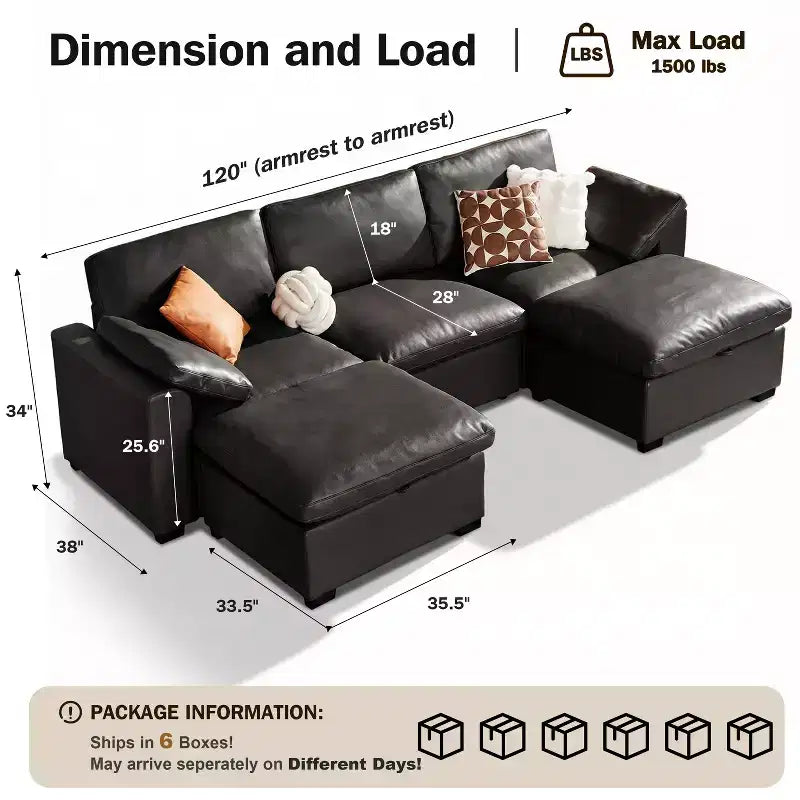 Dyonery 120 Oversized Cloud Modular Sectional Sofa for Living Room,Down-Filled Wide Deep Seat Couch,Solid Wood Frame,Tool Free Assembly,Dark Gray