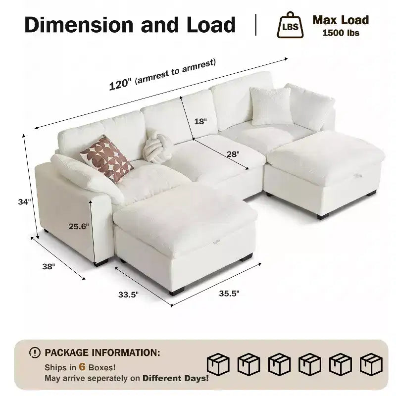 Dyonery 120 Oversized Cloud Modular Sectional Sofa for Living Room,Down-Filled Wide Deep Seat Couch,Solid Wood Frame,Tool Free Assembly,Dark Gray