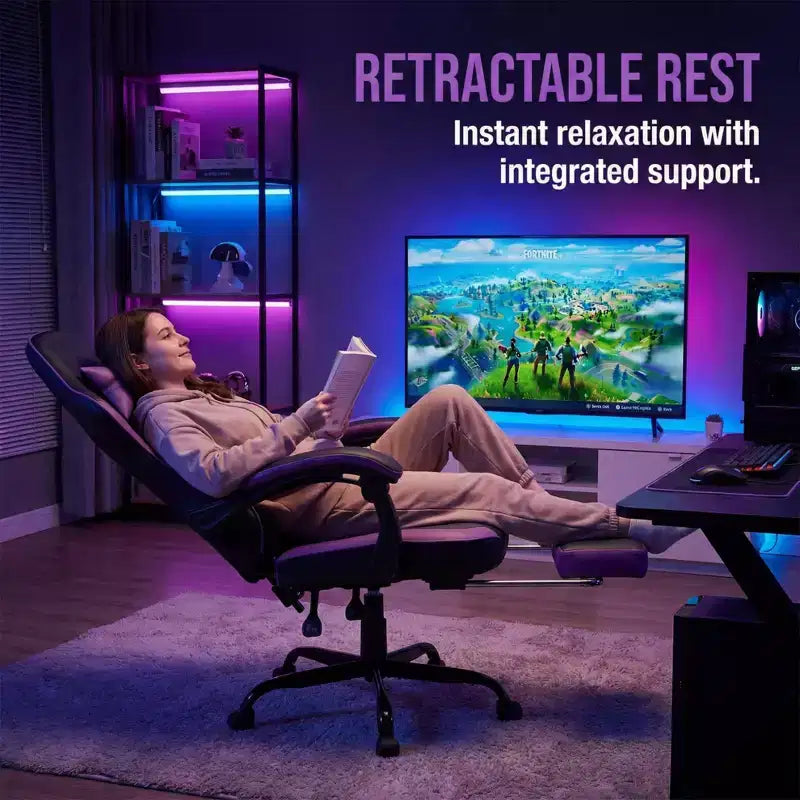 LauKingdom Gaming Chair with Footrest, Ergonomic Computer Chair, Height Adjustable Swivel, Massage Lumbar Support, Video Game Chair, Black & Purple