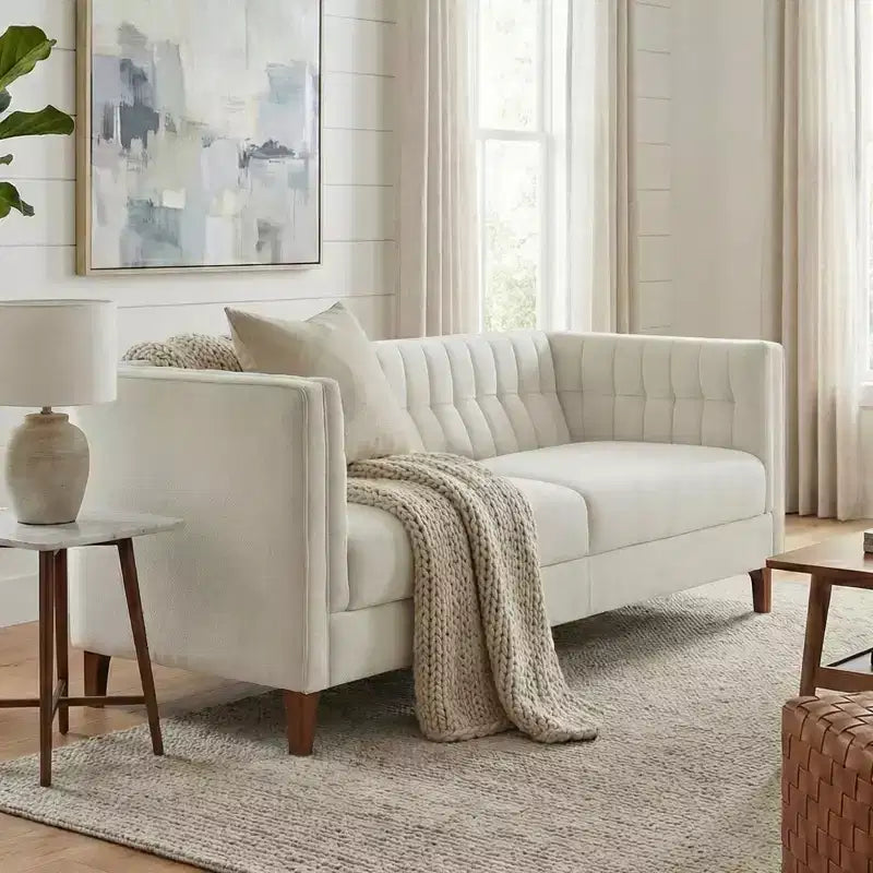 Christopher Knight Home Panadda Modern 76 3-Seater Wooden Chenille Upholstered Sofa with Channel Tufted Backrest