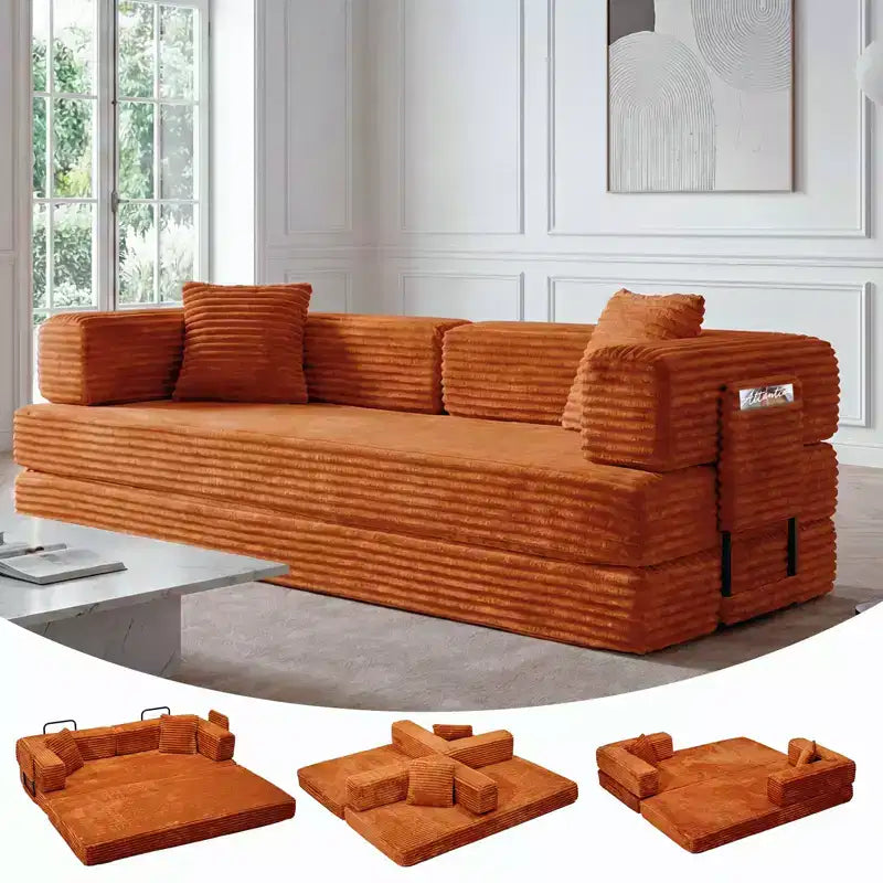 80.7'' Sofa Bed,5-in-1 Convertible Sofa Bed ,Folding Corduroy Fabric Couch Bed for Living Room, Bedroom, Apartment & Dorm