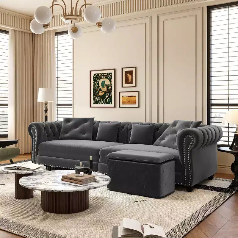 Chesterfield 3-in-1 Pull-Out Sofa Bed, King Size Convertible Sleeper Sofa with Chaise & Movable Ottoman, Velvet Tufted 3-Seater Couch, Charcoal Gray