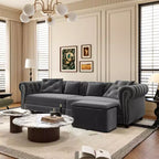 Chesterfield 3-in-1 Pull-Out Sofa Bed, King Size Convertible Sleeper Sofa with Chaise & Movable Ottoman, Velvet Tufted 3-Seater Couch, Charcoal Gray