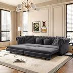Chesterfield 3-in-1 Pull-Out Sofa Bed, King Size Convertible Sleeper Sofa with Chaise & Movable Ottoman, Velvet Tufted 3-Seater Couch, Charcoal Gray