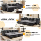 Chesterfield 3-in-1 Pull-Out Sofa Bed, King Size Convertible Sleeper Sofa with Chaise & Movable Ottoman, Velvet Tufted 3-Seater Couch, Charcoal Gray