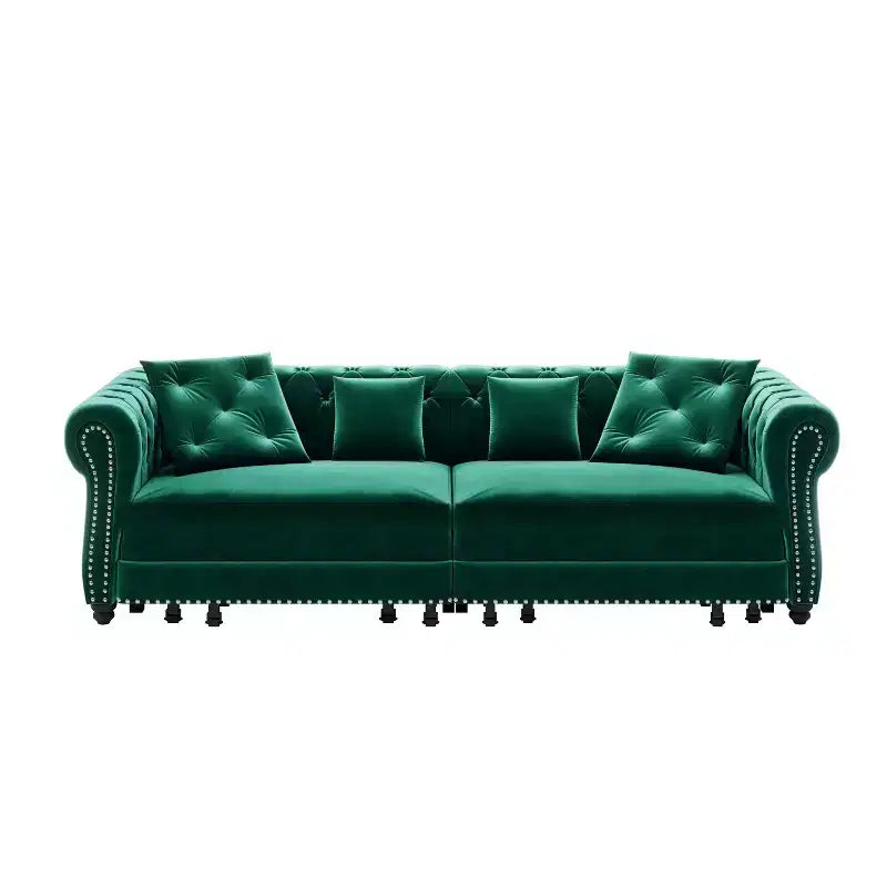 Canapé-lit convertible 3-en-1 Chesterfield, canapé-lit escamotable king-size avec méridienne et pouf mobile, canapé 3 places touffeté en velours, vert émeraude