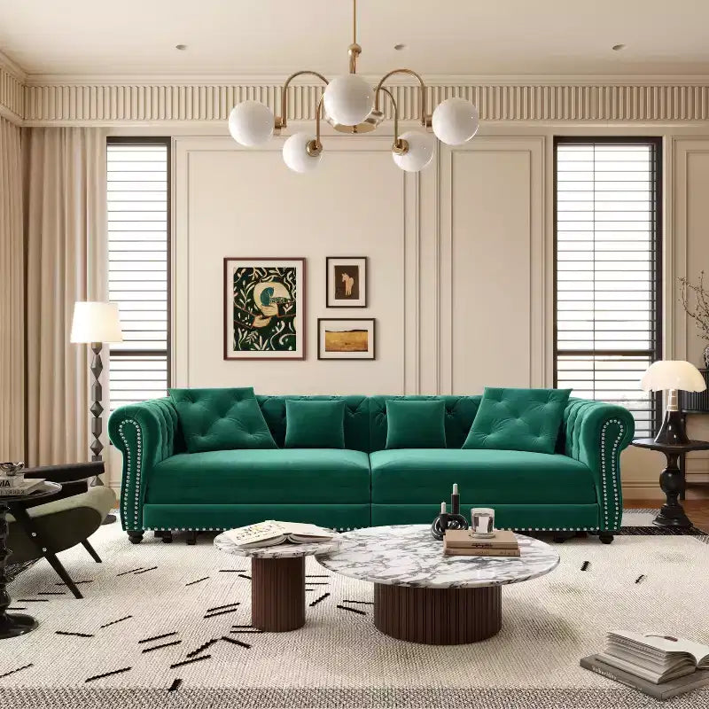 Canapé-lit convertible 3-en-1 Chesterfield, canapé-lit escamotable king-size avec méridienne et pouf mobile, canapé 3 places touffeté en velours, vert émeraude
