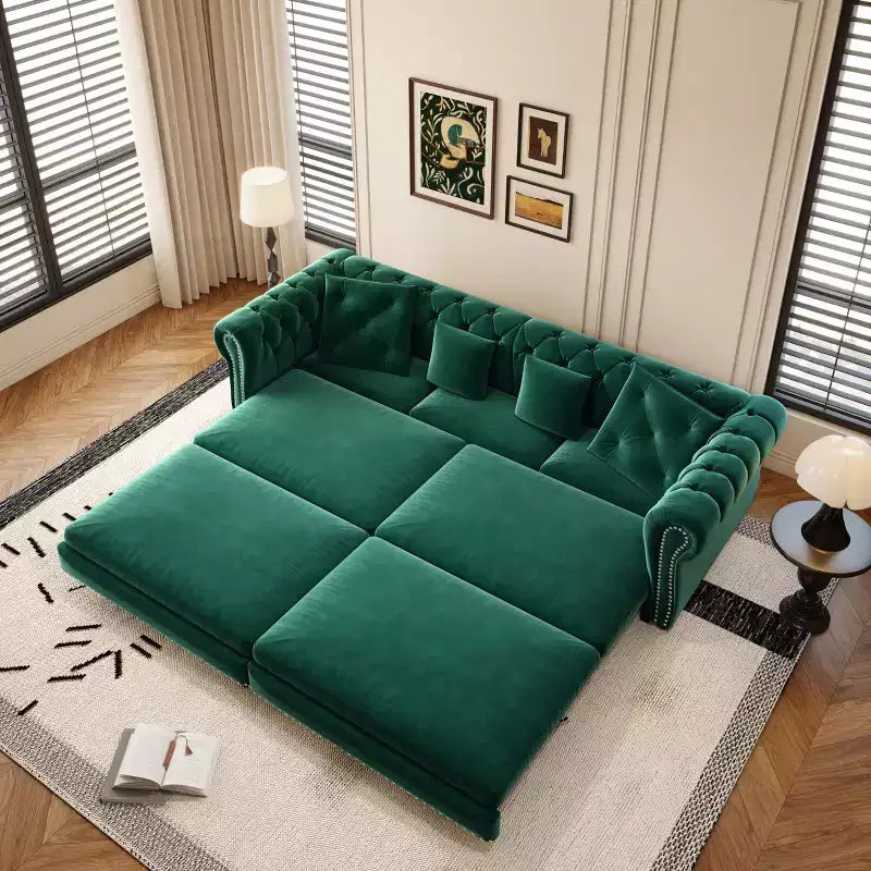 Canapé-lit convertible 3-en-1 Chesterfield, canapé-lit escamotable king-size avec méridienne et pouf mobile, canapé 3 places touffeté en velours, vert émeraude