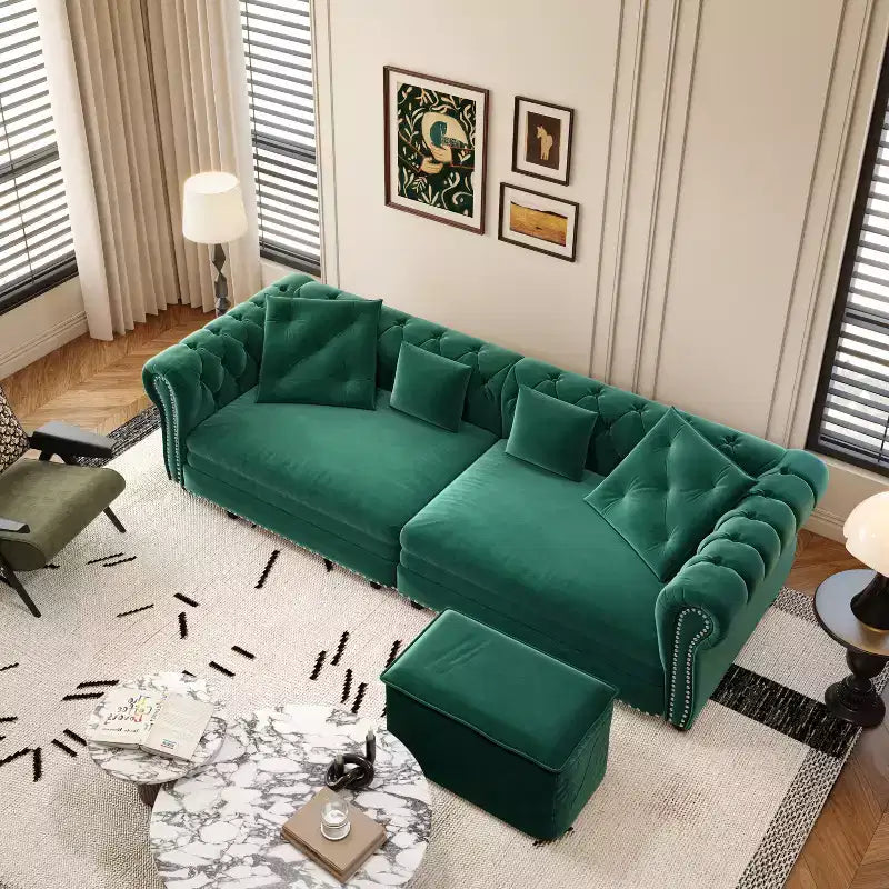 Canapé-lit convertible 3-en-1 Chesterfield, canapé-lit escamotable king-size avec méridienne et pouf mobile, canapé 3 places touffeté en velours, vert émeraude