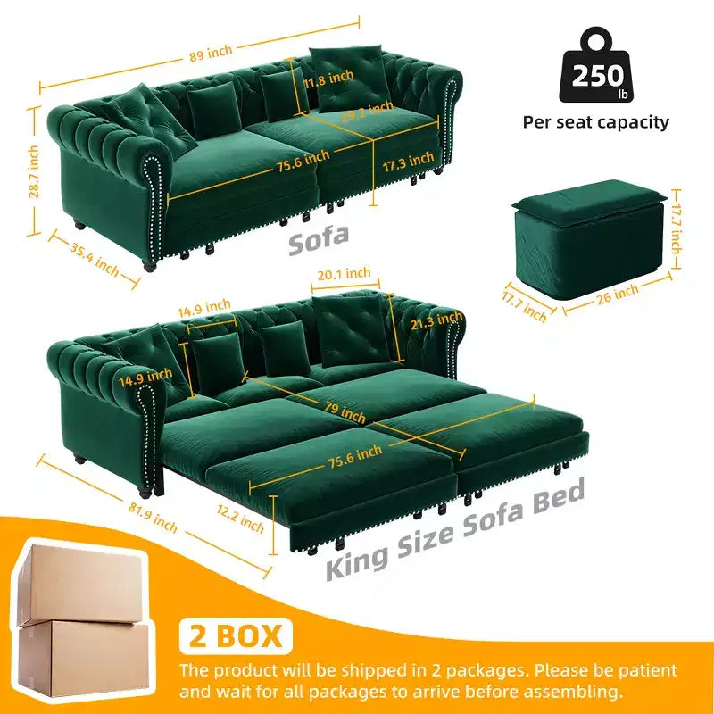 Canapé-lit convertible 3-en-1 Chesterfield, canapé-lit escamotable king-size avec méridienne et pouf mobile, canapé 3 places touffeté en velours, vert émeraude