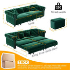 Canapé-lit convertible 3-en-1 Chesterfield, canapé-lit escamotable king-size avec méridienne et pouf mobile, canapé 3 places touffeté en velours, vert émeraude