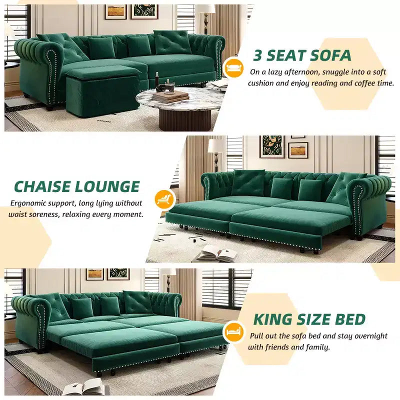 Canapé-lit convertible 3-en-1 Chesterfield, canapé-lit escamotable king-size avec méridienne et pouf mobile, canapé 3 places touffeté en velours, vert émeraude