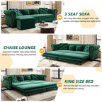Canapé-lit convertible 3-en-1 Chesterfield, canapé-lit escamotable king-size avec méridienne et pouf mobile, canapé 3 places touffeté en velours, vert émeraude