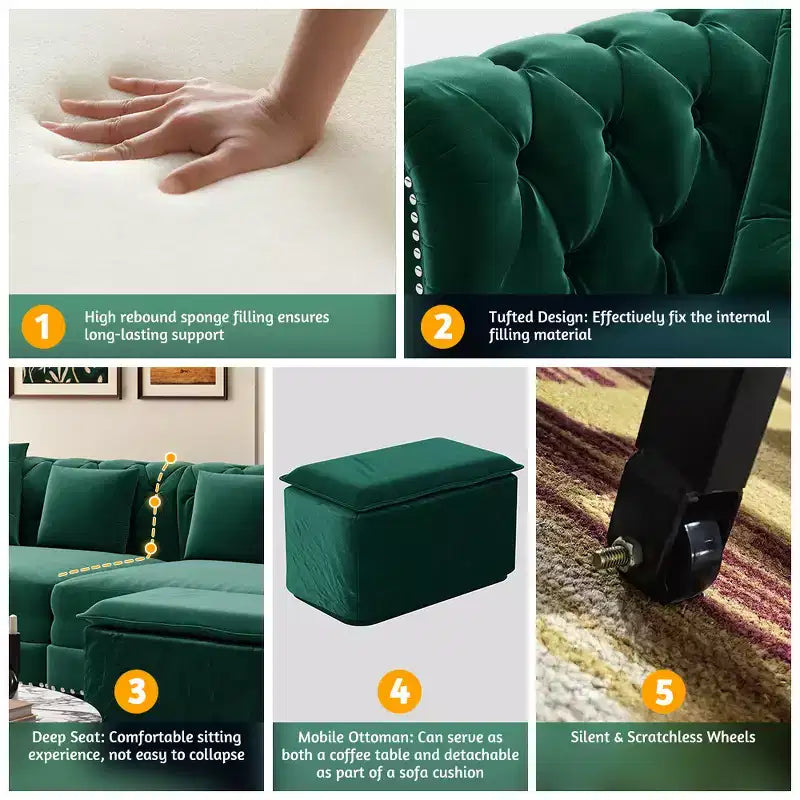 Canapé-lit convertible 3-en-1 Chesterfield, canapé-lit escamotable king-size avec méridienne et pouf mobile, canapé 3 places touffeté en velours, vert émeraude