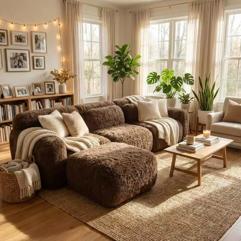 FurnitureR Plush Modular Sectional Sofa with Ottoman, Deep Seat Cloud Couch Upholstered L Shaped Sofa for Living Room, Modern Oversized Couch, Brown