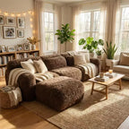 FurnitureR Plush Modular Sectional Sofa with Ottoman, Deep Seat Cloud Couch Upholstered L Shaped Sofa for Living Room, Modern Oversized Couch, Brown