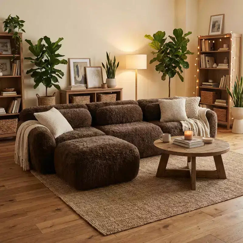FurnitureR Plush Modular Sectional Sofa with Ottoman, Deep Seat Cloud Couch Upholstered L Shaped Sofa for Living Room, Modern Oversized Couch, Brown