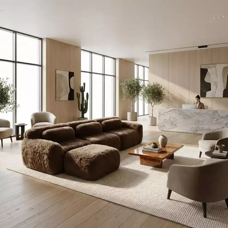 FurnitureR Plush Modular Sectional Sofa with Ottoman, Deep Seat Cloud Couch Upholstered L Shaped Sofa for Living Room, Modern Oversized Couch, Brown