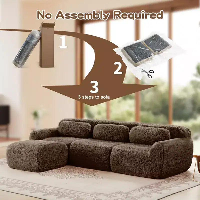 FurnitureR Plush Modular Sectional Sofa with Ottoman, Deep Seat Cloud Couch Upholstered L Shaped Sofa for Living Room, Modern Oversized Couch, Brown