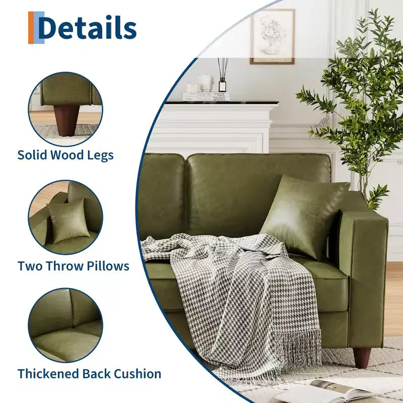 Canapé 3 places en similicuir avec 2 coussins, Canapé moderne à assise profonde, Accoudoirs larges et pieds en bois, Meuble de soutien robuste pour salon, bureau