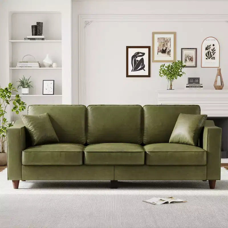 Canapé 3 places en similicuir avec 2 coussins, Canapé moderne à assise profonde, Accoudoirs larges et pieds en bois, Meuble de soutien robuste pour salon, bureau