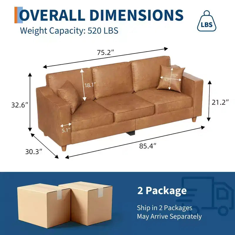 Canapé 3 places en similicuir avec 2 coussins, Canapé moderne à assise profonde, Accoudoirs larges et pieds en bois, Meuble de soutien robuste pour salon, bureau