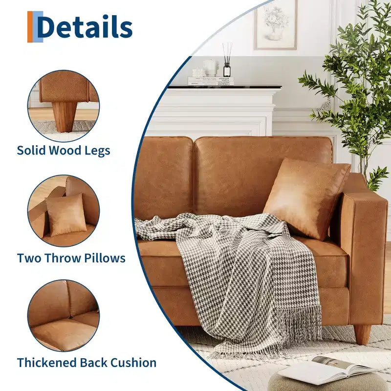 Canapé 3 places en similicuir avec 2 coussins, Canapé moderne à assise profonde, Accoudoirs larges et pieds en bois, Meuble de soutien robuste pour salon, bureau