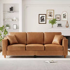 Canapé 3 places en similicuir avec 2 coussins, Canapé moderne à assise profonde, Accoudoirs larges et pieds en bois, Meuble de soutien robuste pour salon, bureau
