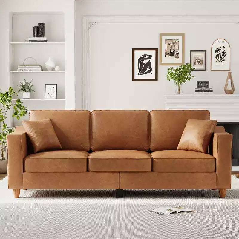 Canapé 3 places en similicuir avec 2 coussins, Canapé moderne à assise profonde, Accoudoirs larges et pieds en bois, Meuble de soutien robuste pour salon, bureau