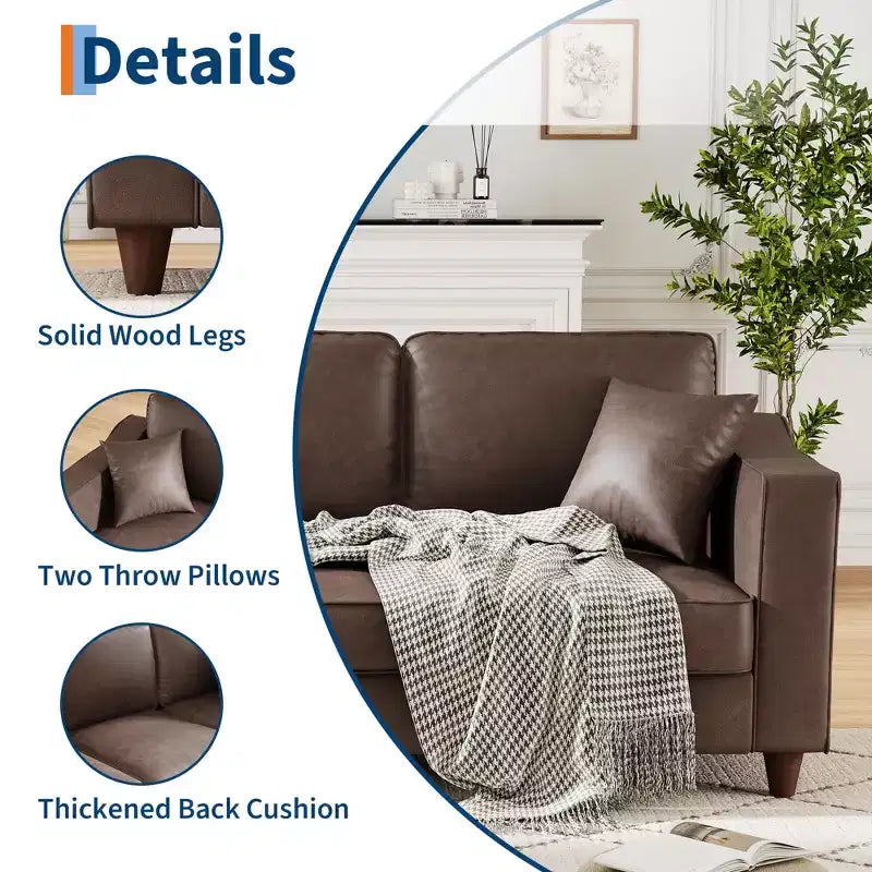Canapé 3 places en similicuir avec 2 coussins, Canapé moderne à assise profonde, Accoudoirs larges et pieds en bois, Meuble de soutien robuste pour salon, bureau