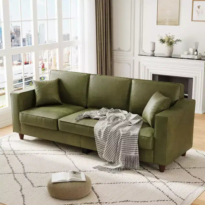 85 Faux Leather 3-Seater Sofa w/ 2 Pillows, Modern Deep Seat Couch, Wide Armrests & Wood Legs, Sturdy Support Furniture for Living Room, Office