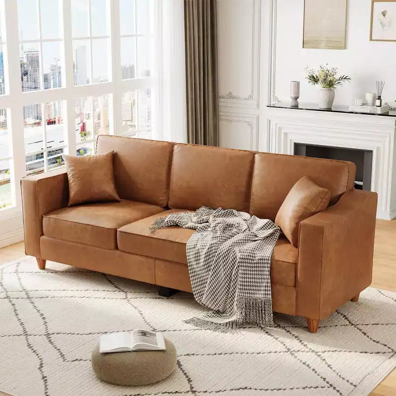 85 Faux Leather 3-Seater Sofa w/ 2 Pillows, Modern Deep Seat Couch, Wide Armrests & Wood Legs, Sturdy Support Furniture for Living Room, Office