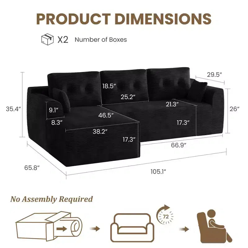 105 Cloud Couch Sectional, Boneless Modular L-Shaped Sofa with Chaise, No Assembly Deep Seat Sofa Bed for Living Room
