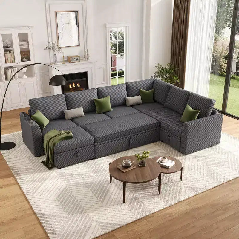 Canapé-lit d'angle modulable GUSTOWAVE avec rangement, lit de couchage escamotable 2 places en chenille grise pour salon