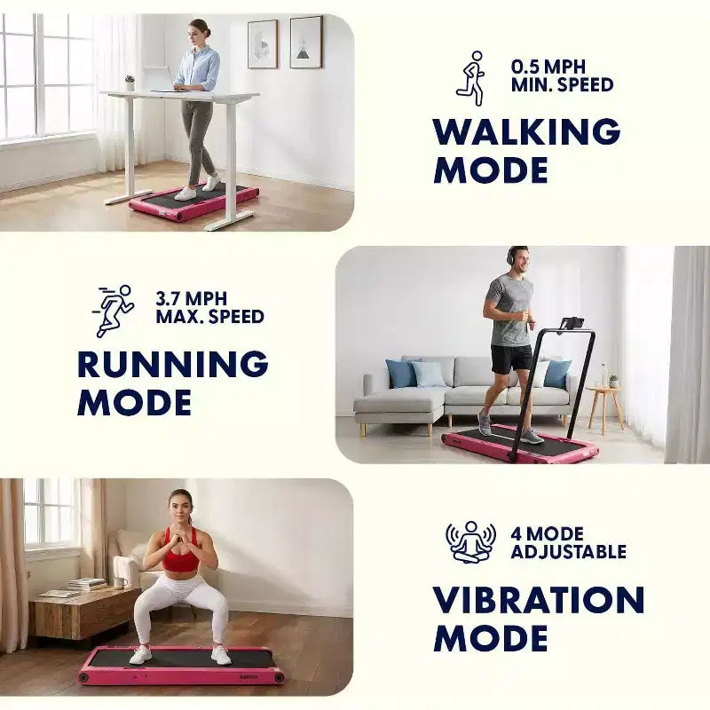Tapis de marche 2-en-1 Squatz avec plaques vibrantes et guidon rose