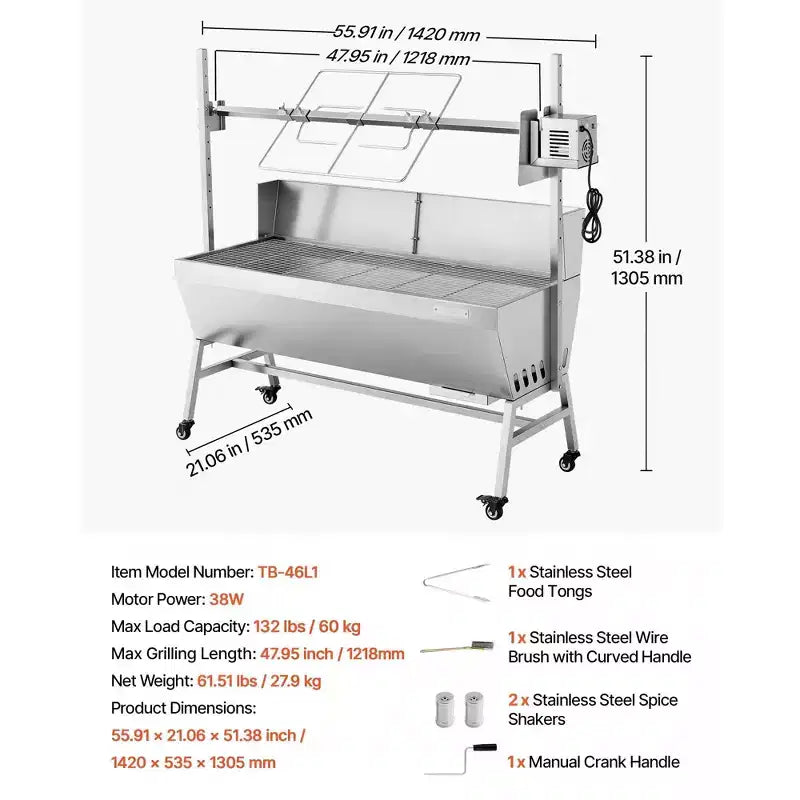 Outdoor Propane Rotisserie Grill, 38W BBQ Spit Roaster, 132 lbs Capacity, Stainless Steel with 3 Baskets & 180 Rotating Handle