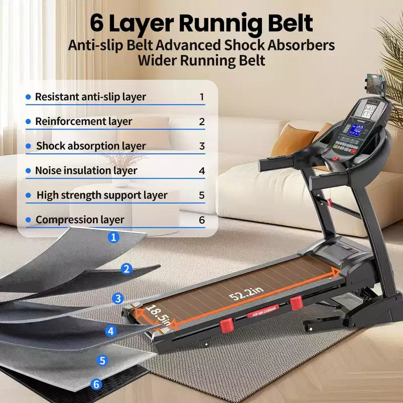 Tapis de course pliable portable de 180 kg, 19 km/h, 5 CV, avec inclinaison de 20 % pour la maison ou le bureau, contrôle par application, tapis de course pour la marche et la course à pied avec sangle de genou