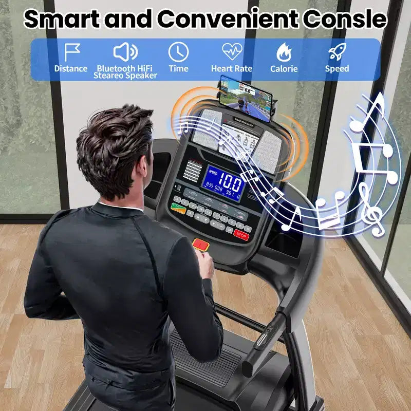 Tapis de course pliable portable de 180 kg, 19 km/h, 5 CV, avec inclinaison de 20 % pour la maison ou le bureau, contrôle par application, tapis de course pour la marche et la course à pied avec sangle de genou