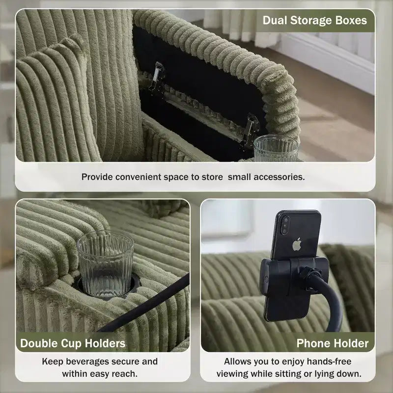 Canapé méridienne moderne en velours côtelé Whisen 75,5 pouces avec dossier réglable sur 5 positions, accoudoirs de rangement, porte-gobelets, support de téléphone