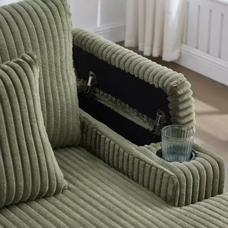Canapé méridienne moderne en velours côtelé Whisen 75,5 pouces avec dossier réglable sur 5 positions, accoudoirs de rangement, porte-gobelets, support de téléphone