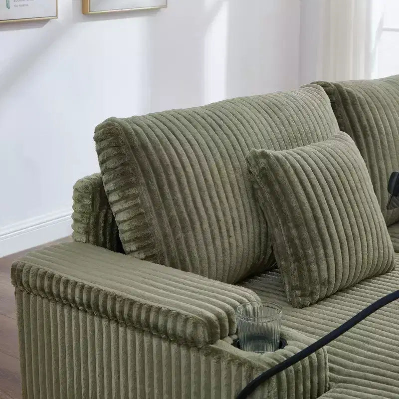 Canapé méridienne moderne en velours côtelé Whisen 75,5 pouces avec dossier réglable sur 5 positions, accoudoirs de rangement, porte-gobelets, support de téléphone