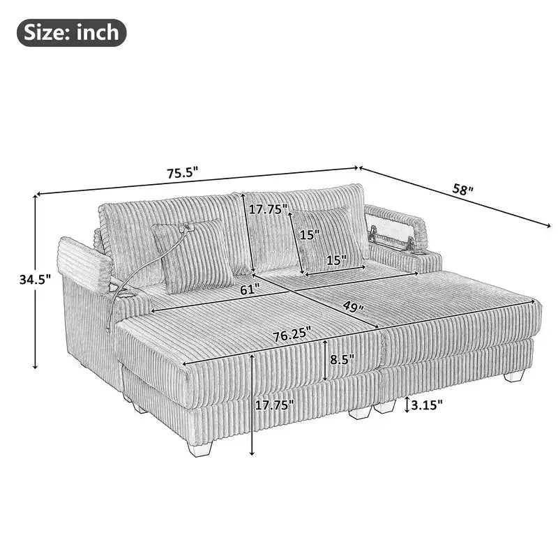 Canapé méridienne moderne en velours côtelé Whisen 75,5 pouces avec dossier réglable sur 5 positions, accoudoirs de rangement, porte-gobelets, support de téléphone