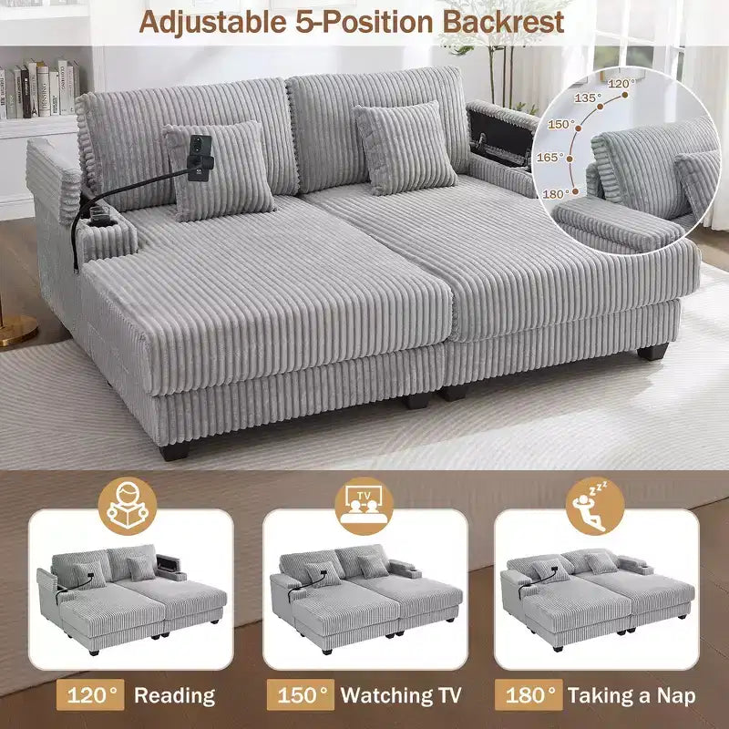 Canapé méridienne moderne en velours côtelé Whisen 75,5 pouces avec dossier réglable sur 5 positions, accoudoirs de rangement, porte-gobelets, support de téléphone