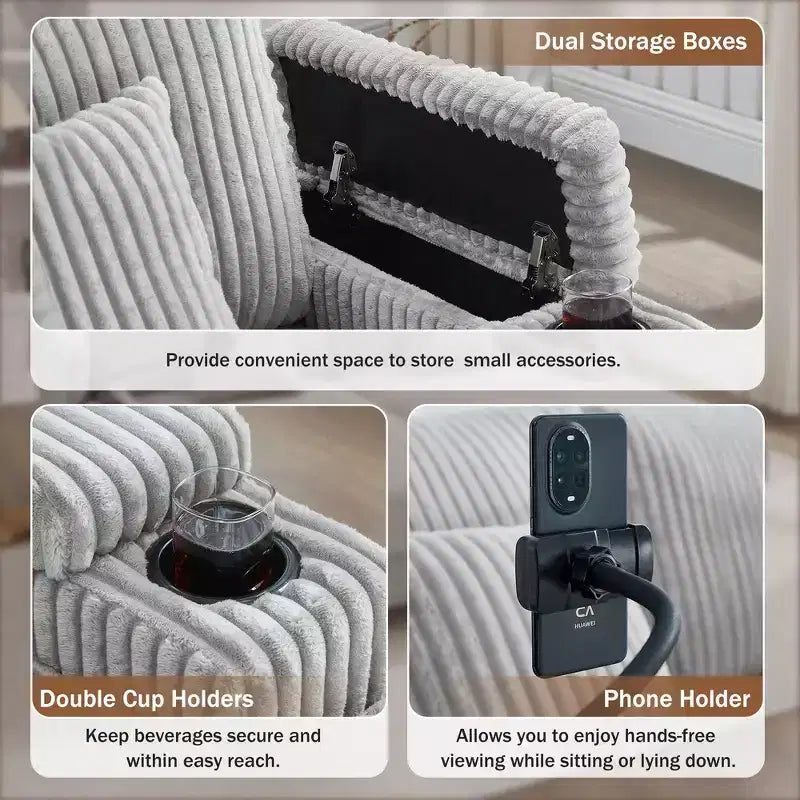 Canapé méridienne moderne en velours côtelé Whisen 75,5 pouces avec dossier réglable sur 5 positions, accoudoirs de rangement, porte-gobelets, support de téléphone