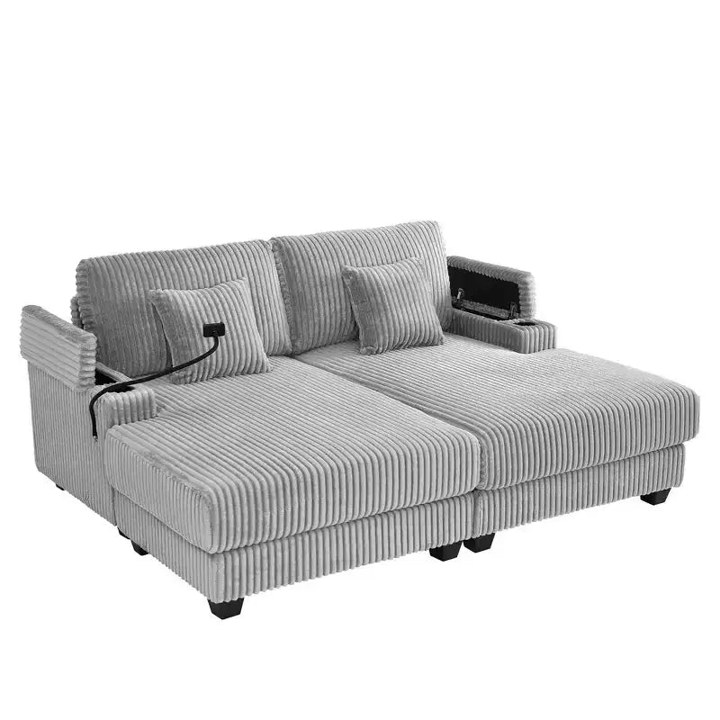 Canapé méridienne moderne en velours côtelé Whisen 75,5 pouces avec dossier réglable sur 5 positions, accoudoirs de rangement, porte-gobelets, support de téléphone