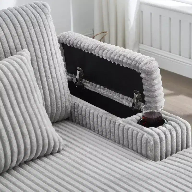 Canapé méridienne moderne en velours côtelé Whisen 75,5 pouces avec dossier réglable sur 5 positions, accoudoirs de rangement, porte-gobelets, support de téléphone