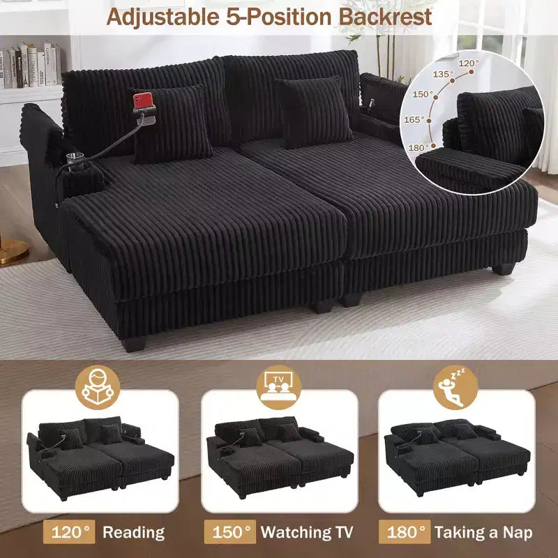 Canapé méridienne moderne en velours côtelé Whisen 75,5 pouces avec dossier réglable sur 5 positions, accoudoirs de rangement, porte-gobelets, support de téléphone